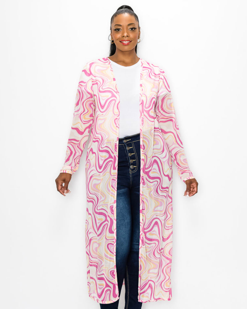 Front of a model wearing a size 1X Megan Swirl Print Mesh Cardigan in Orange/Mauve by L I V D. | dia_product_style_image_id:241728